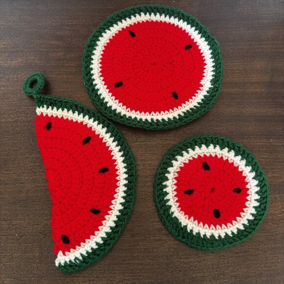 Vintage 3 Handmade Watermelon Crocheted Knit Hot Pad Potholder Trivet Farmhouse - Picture 1 of 12